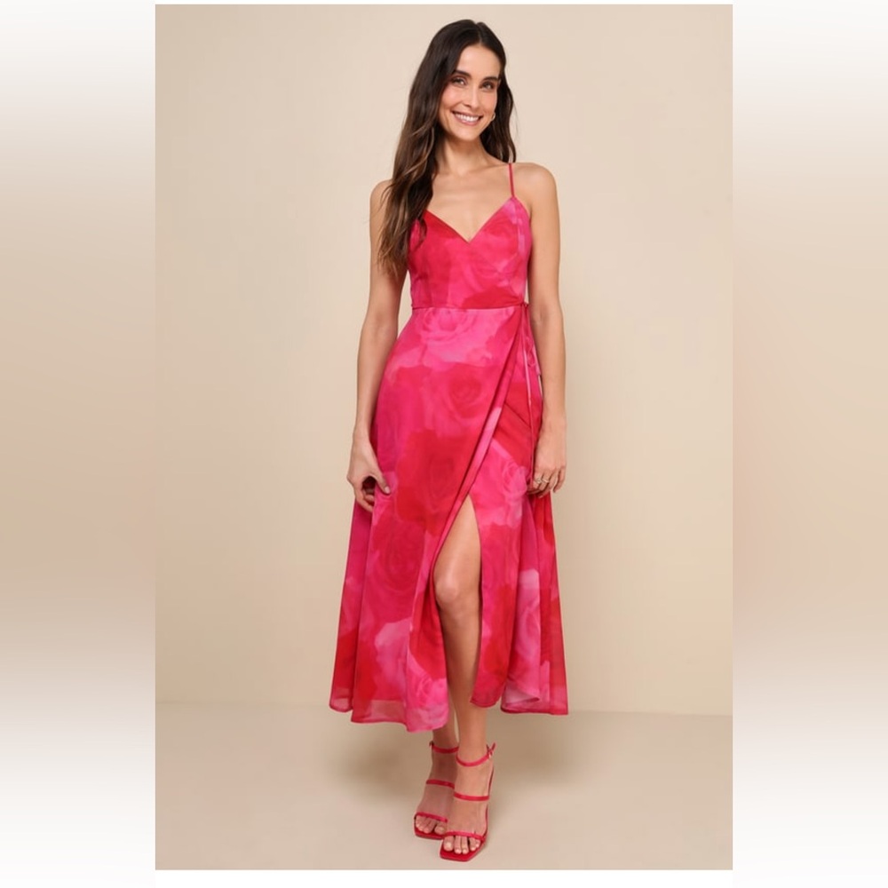 Lulus Radiant Perfection Hot Pink Floral Print Wrap Midi Dress